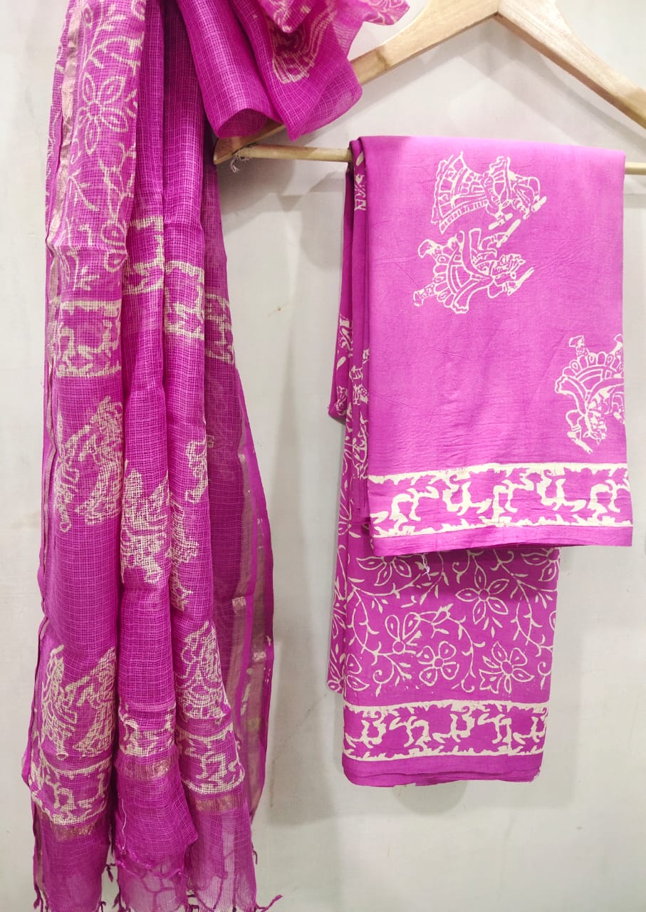 Pink Buta Print Hand Block Printed Cotton Salwar Suit with Kota Doriya Dupatta - JBXKD32
