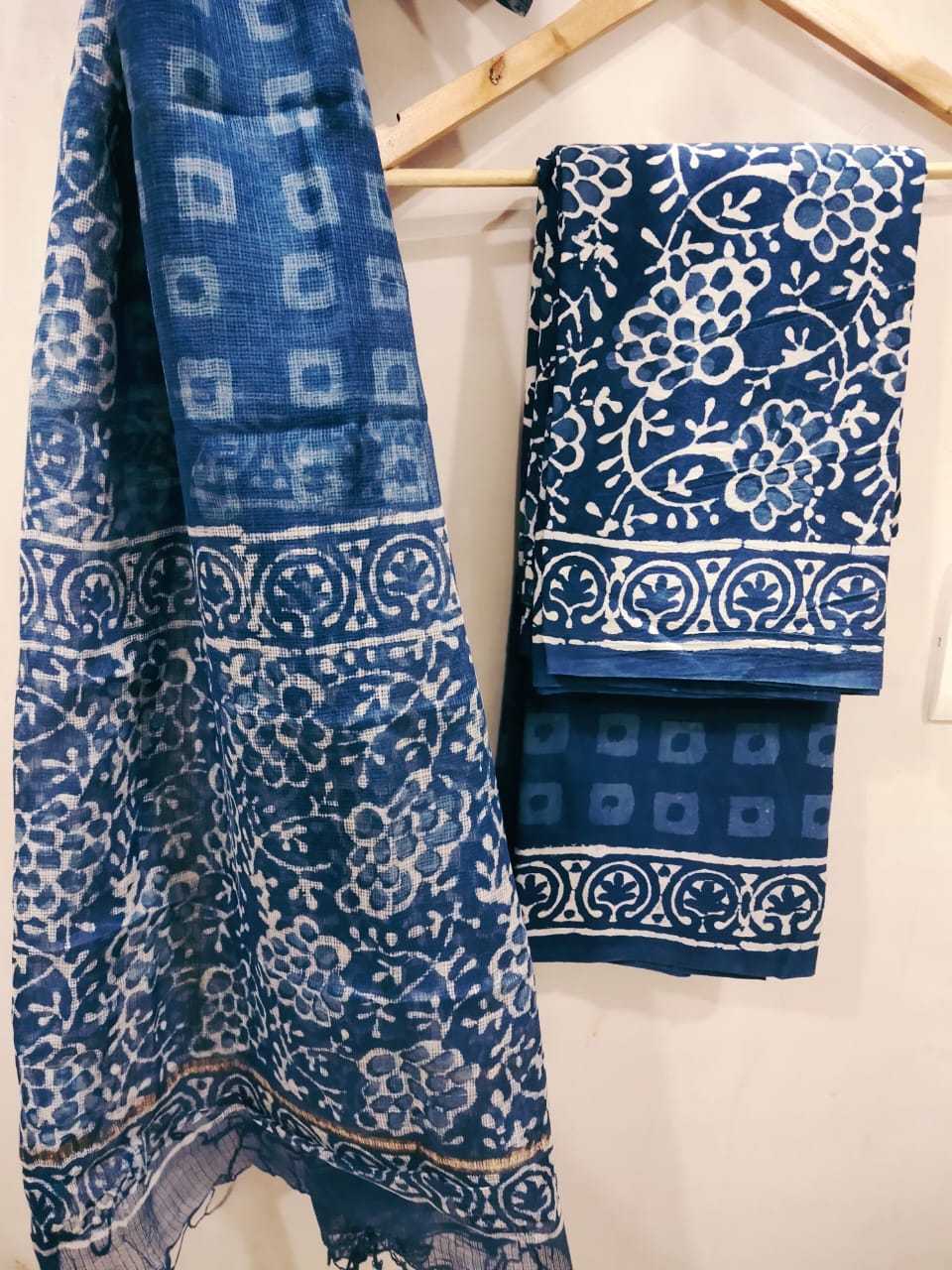 Indigo Hand Block Printed Cotton Salwar Suit with Kota Doriya Dupatta - JBXKD46