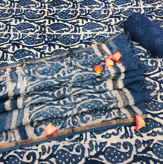 Indigo Hand Block Printed Cotton Salwar Suit with Kota Doriya Dupatta - JBXKD38