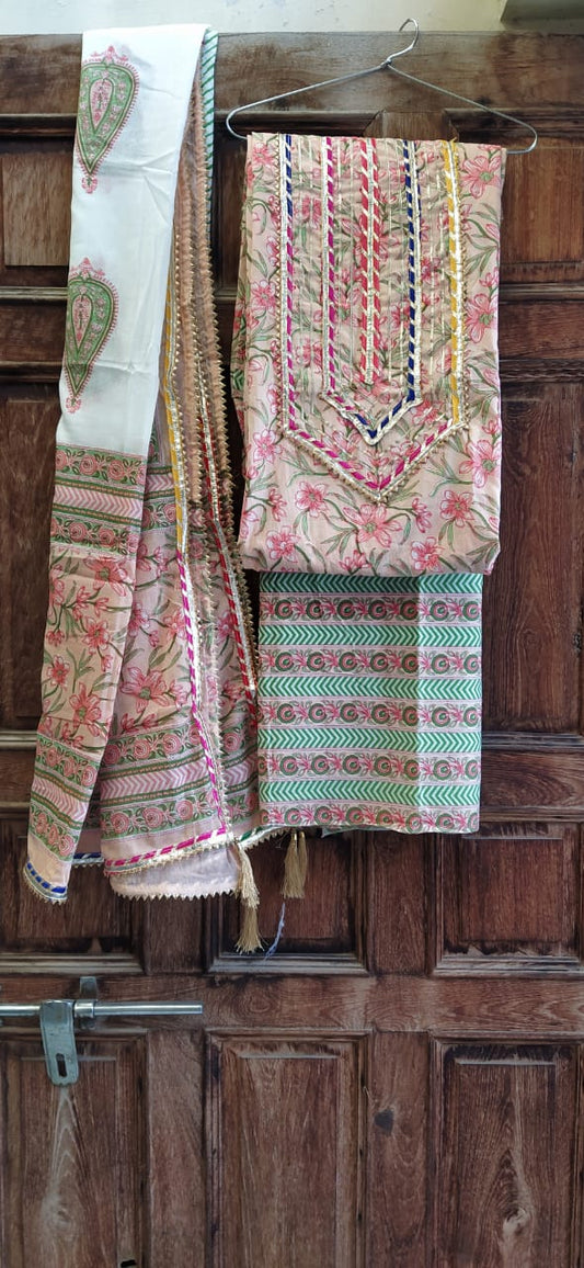 Multi Floral Gota Patti HandBlock Print Suit with Cotton Dupatta- JBXGP41