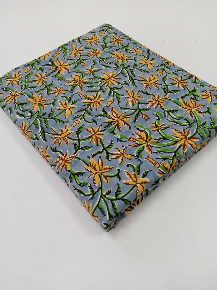 Gray with Yellow & Green Floral Pattern Hand Block Printed Pure Cotton Fabric - JBR49