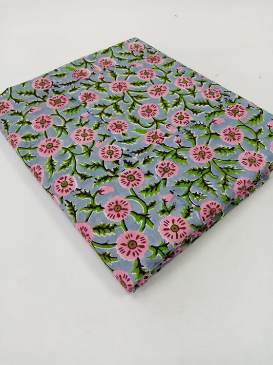 Gray with Pink & Green Florals Pure Cotton Hand Block Printed Fabric - JBR44