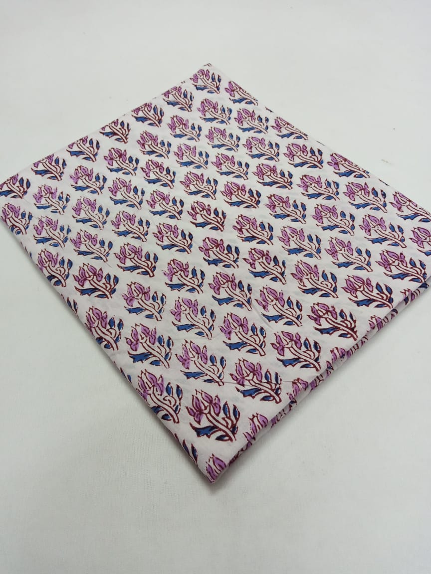 Purple & Blue White Base Buti Pure Cotton Hand Block Printed Fabric - JBR50