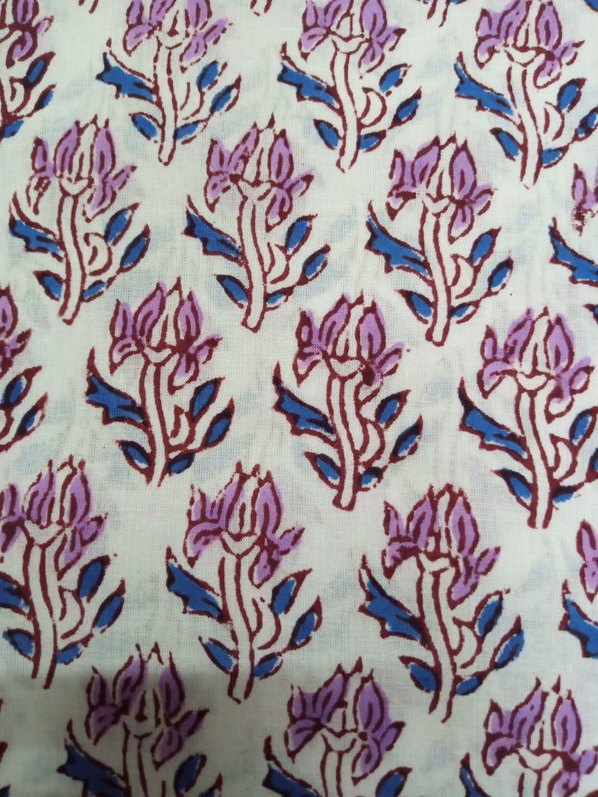 Purple & Blue White Base Buti Pure Cotton Hand Block Printed Fabric - JBR50