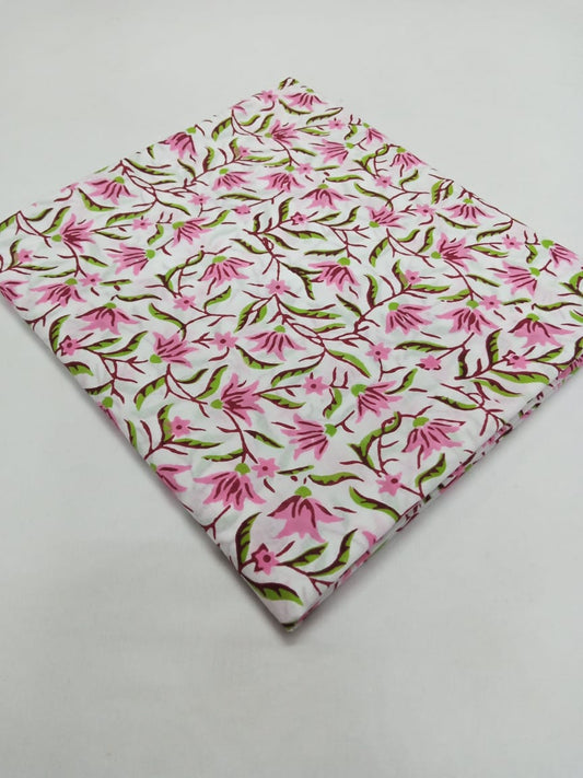 Pink &amp; Green Florals White Base Pure Cotton Hand Block Printed Fabric - JBR51