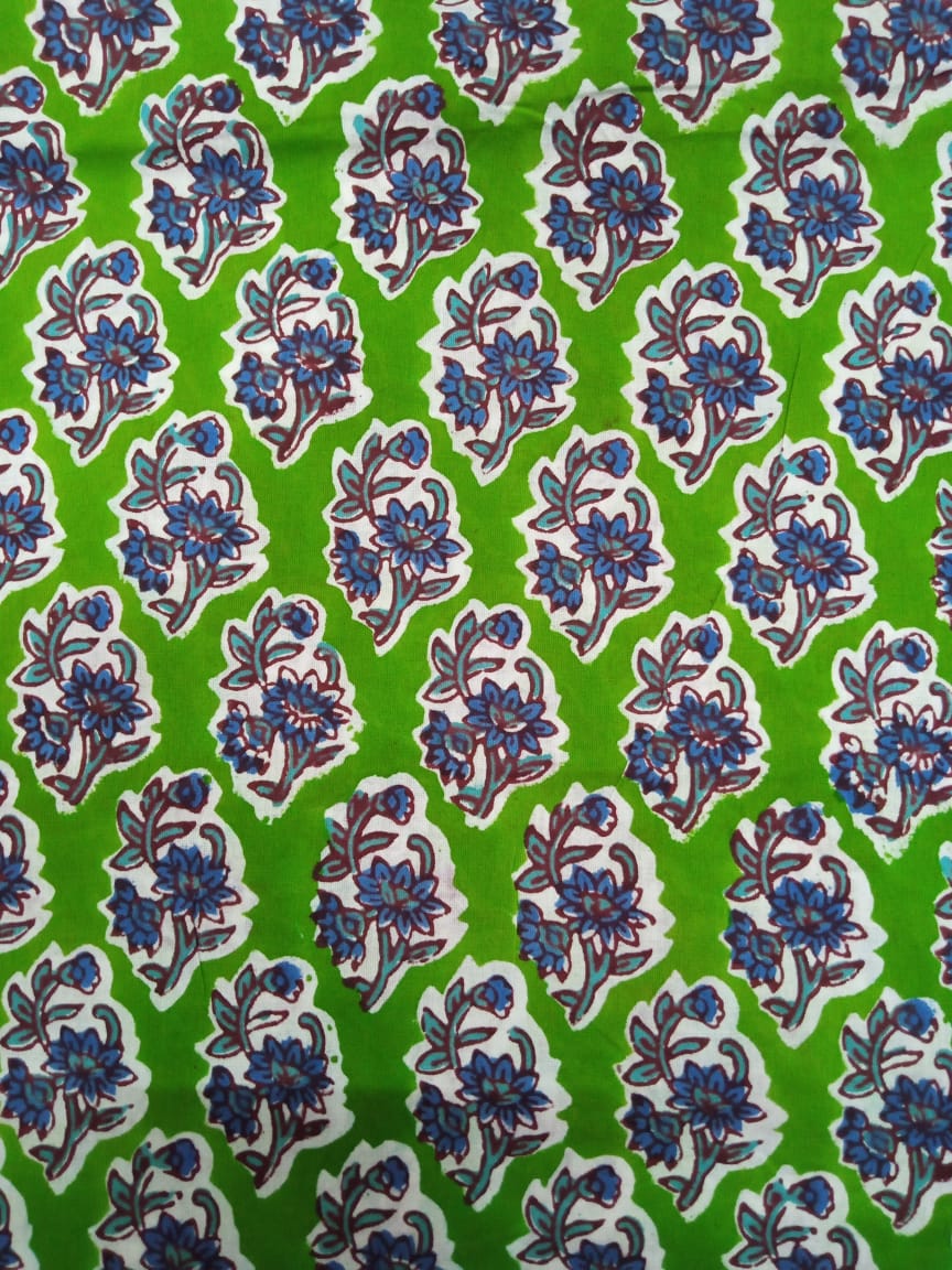 Green with Multi Colored Buti Hand Block Printed Pure Cotton Fabric - JBR38