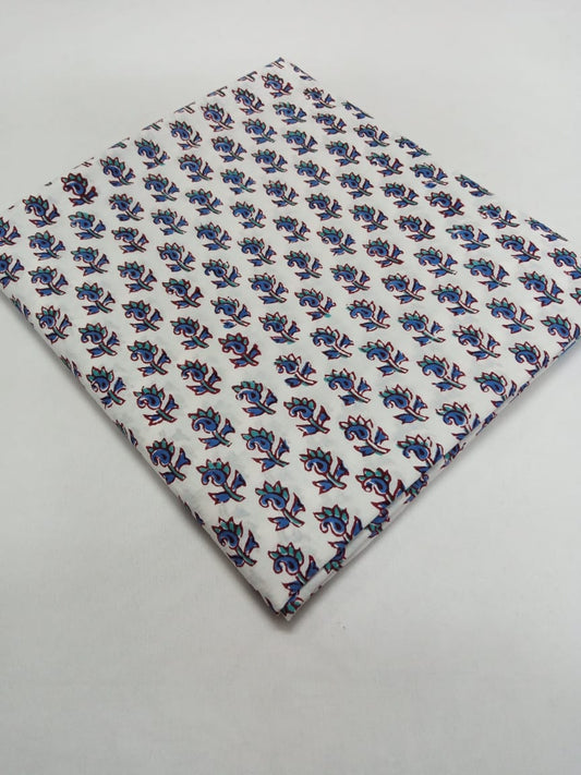 Blue & Sea Green White Base Small Buti Hand Block Printed Pure Cotton Fabric - JBR37