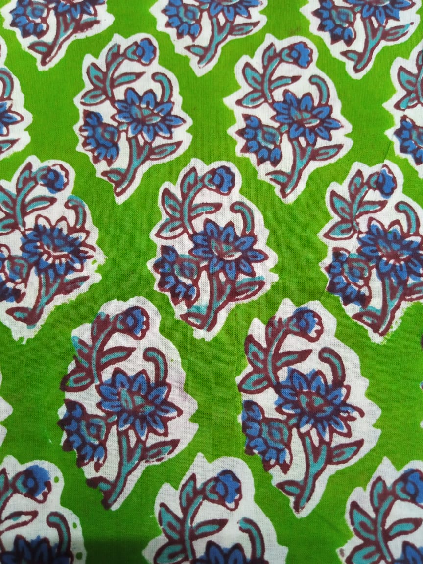 Green with Multi Colored Buti Hand Block Printed Pure Cotton Fabric - JBR38