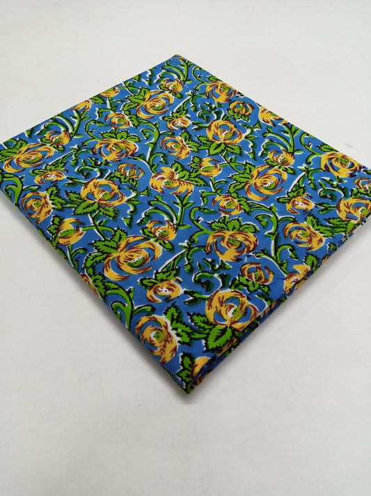 Blue with Yellow & Green Kalamkari Print Pure Cotton Hand Block Printed Fabric - JBR39