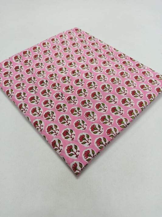 Pink with Red & Green Buti Hand Block Printed Pure Cotton Fabric - JBR42