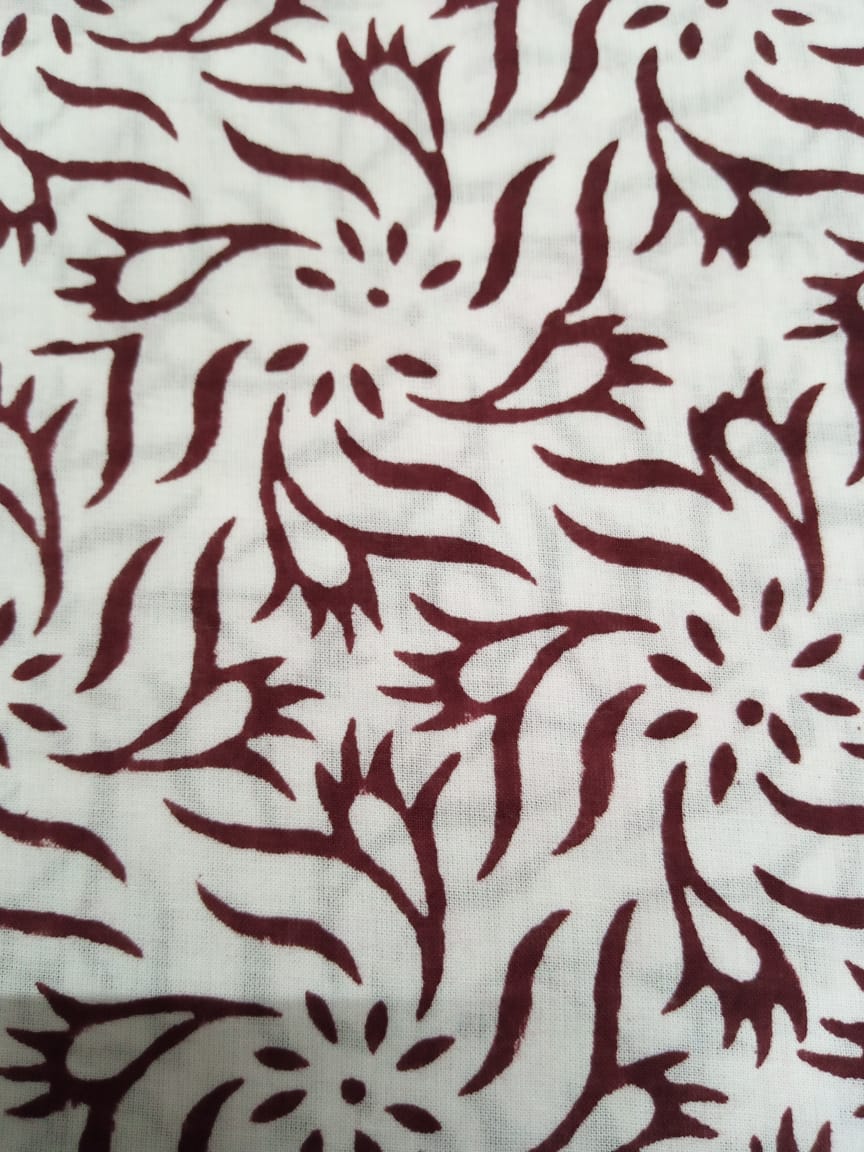 White Base Maroon Pure Cotton Hand Block Printed Fabric - JBR41