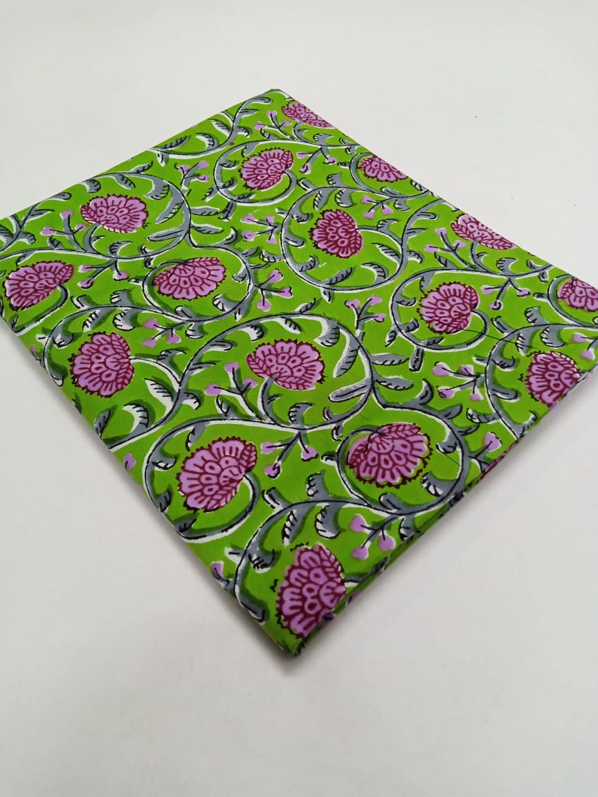 Green with Purple Florals Pure Cotton Hand Block Printed Fabric - JBR36