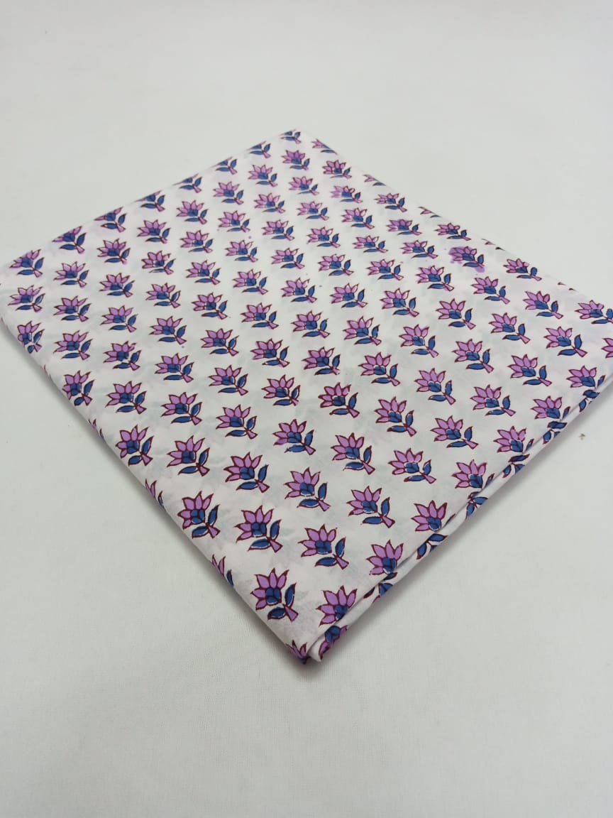 Purple & Blue White Base Buti Pure Cotton Hand Block Printed Fabric - JBR43