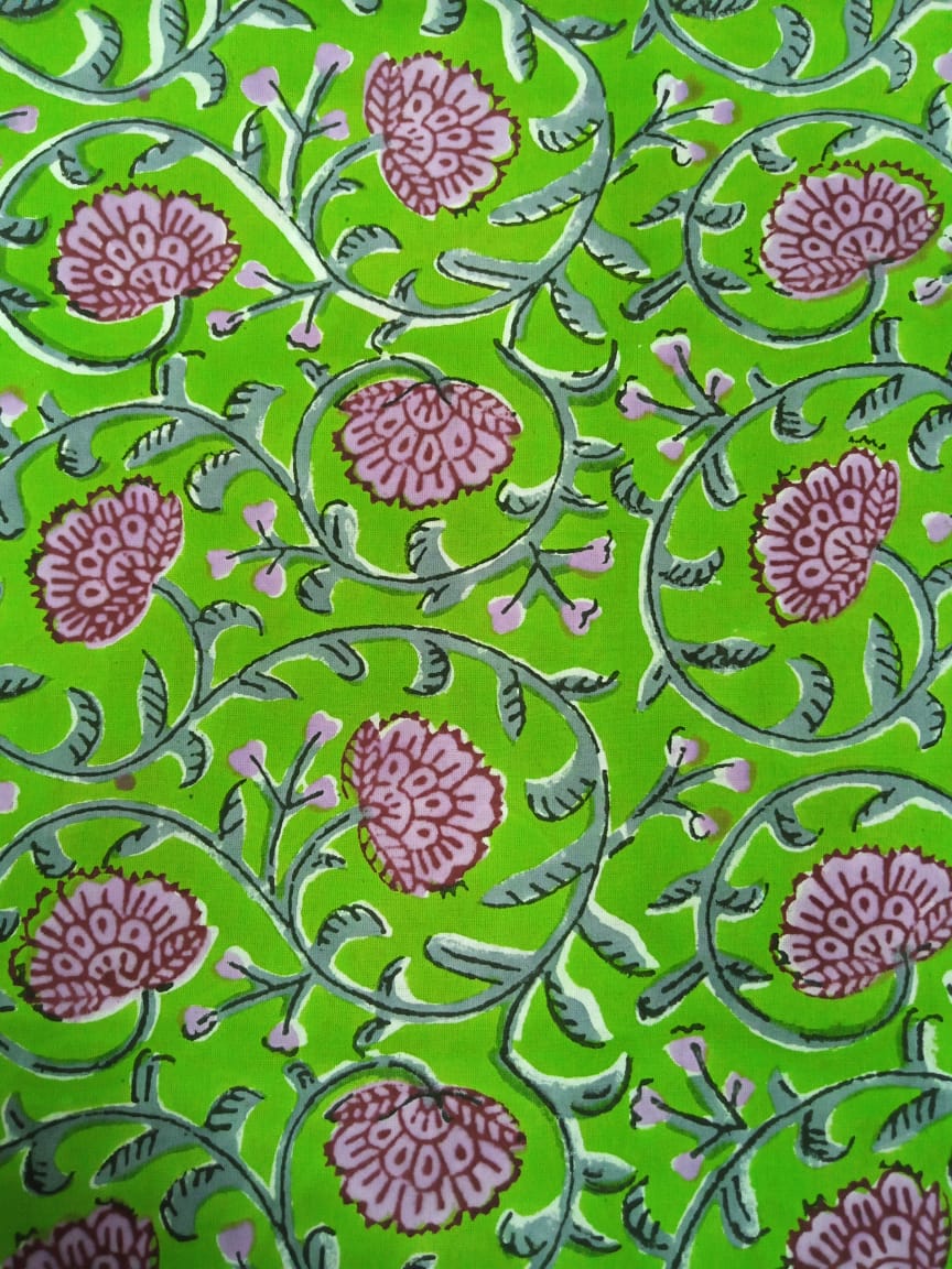 Green with Purple Florals Pure Cotton Hand Block Printed Fabric - JBR36