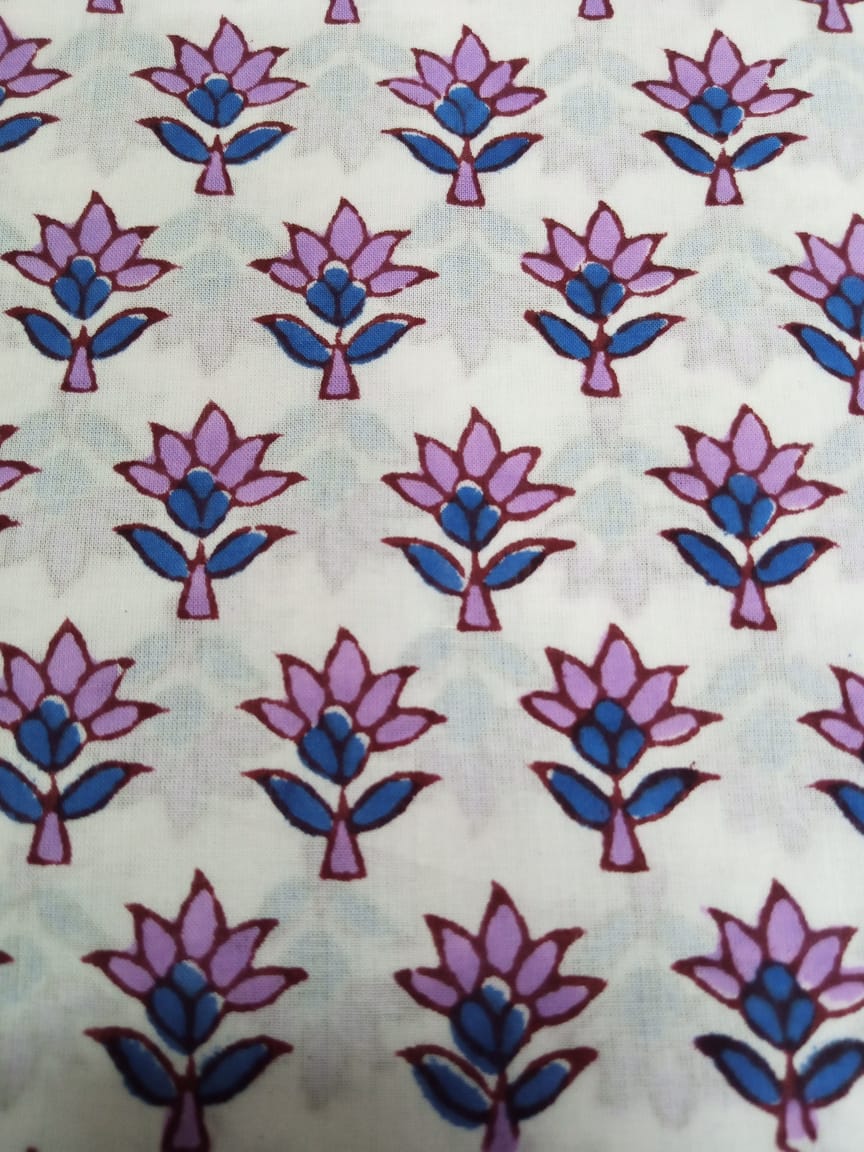 Purple & Blue White Base Buti Pure Cotton Hand Block Printed Fabric - JBR43