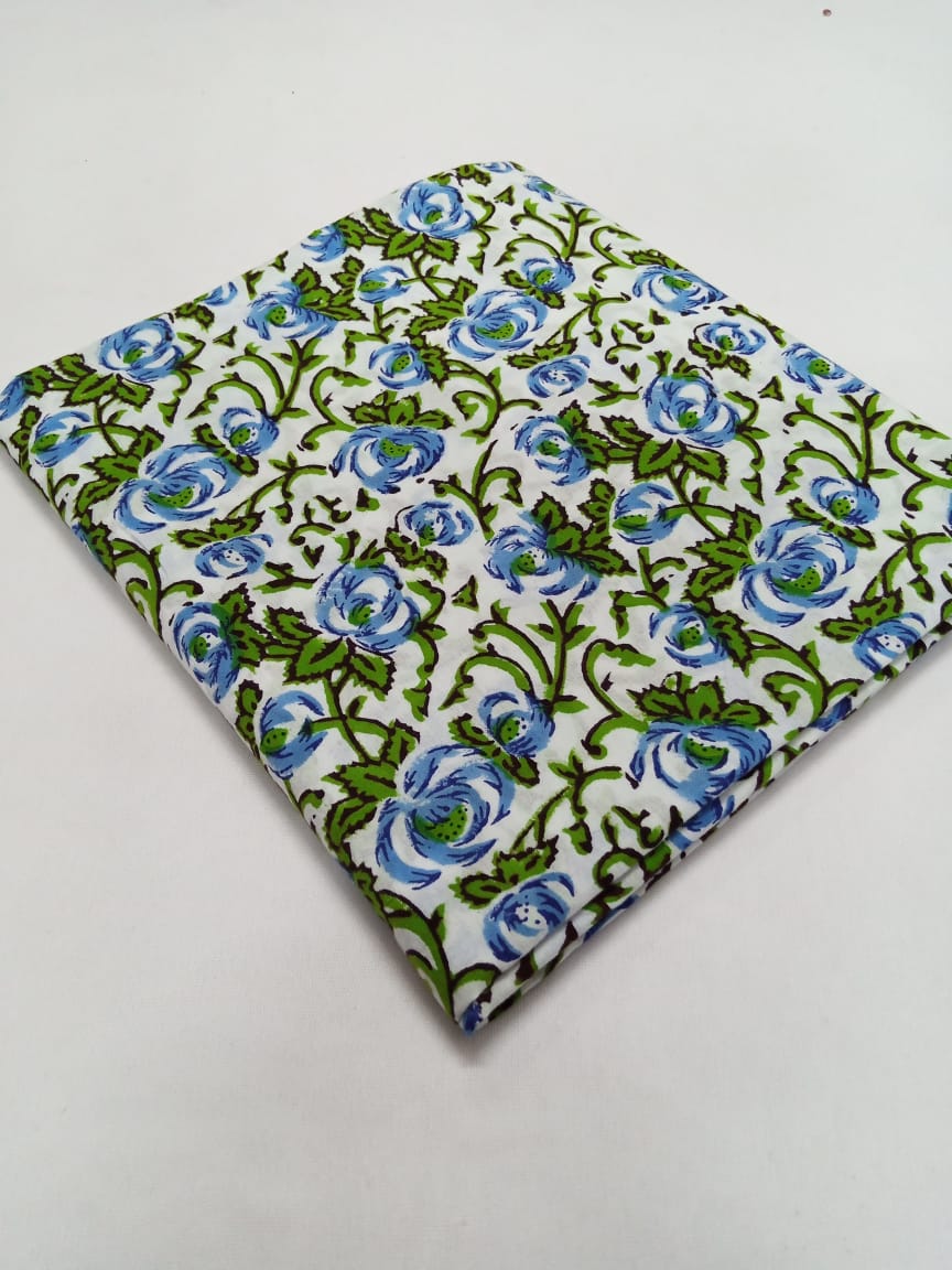 Kalamkari White Base Blue & Green Floral Pattern Pure Cotton Hand Block Printed Fabric - JBR30
