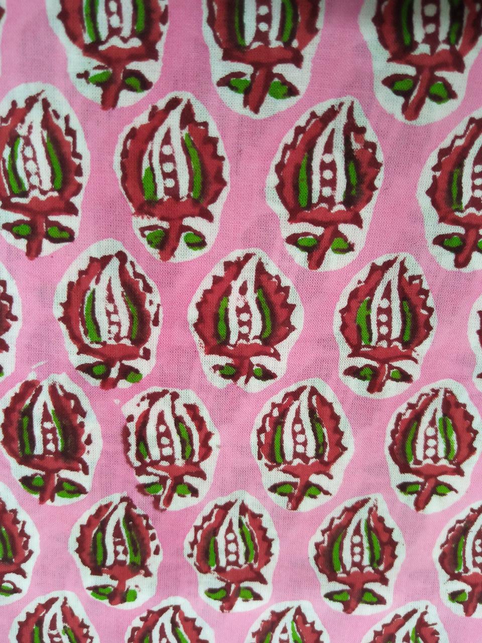 Pink & Red Small Buti Print Hand Block Pure Cotton Fabric - JBR29