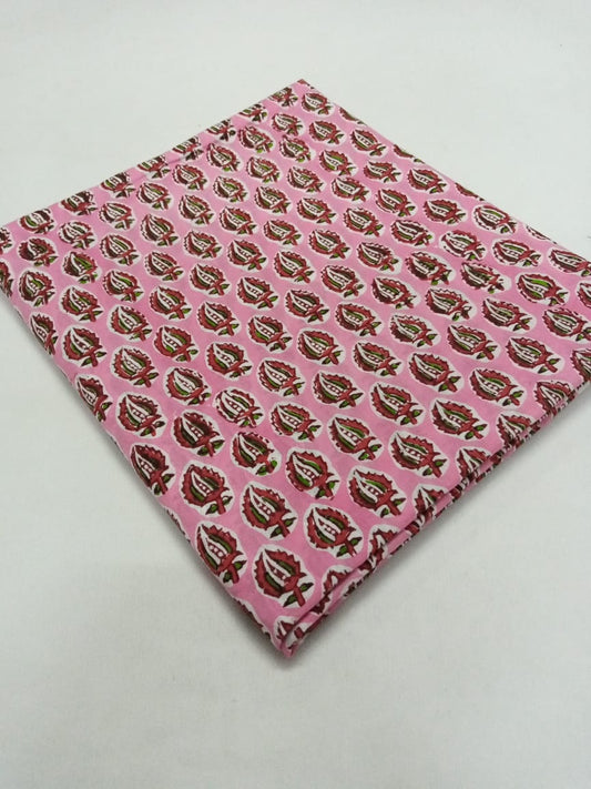 Pink & Red Small Buti Print Hand Block Pure Cotton Fabric - JBR29