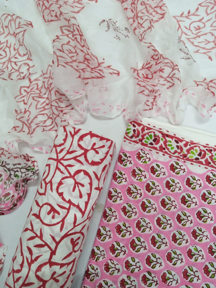 Pink with Red Small Floral Buti Hand Block Printed Pure Cotton Unstitched Salwar Suit with Chiffon Dupatta - JB10