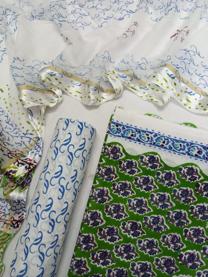 Green Buti Hand Block Printed Pure Cotton Unstitched Salwar Suit with Chiffon Dupatta - JB12