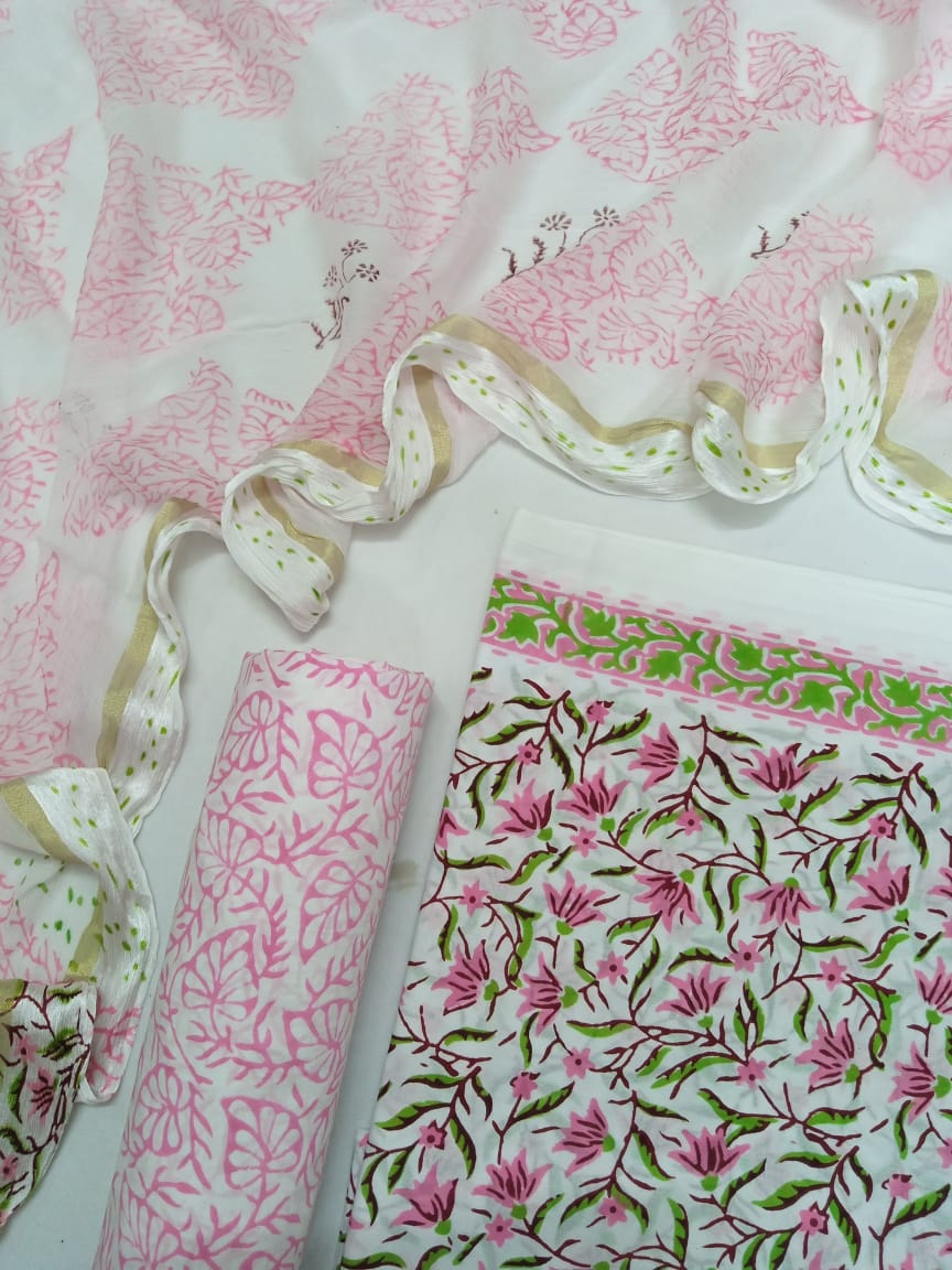 Pink & Green Floral White Base Hand Block Printed Pure Cotton Unstitched Salwar Suit with Chiffon Dupatta - JB11