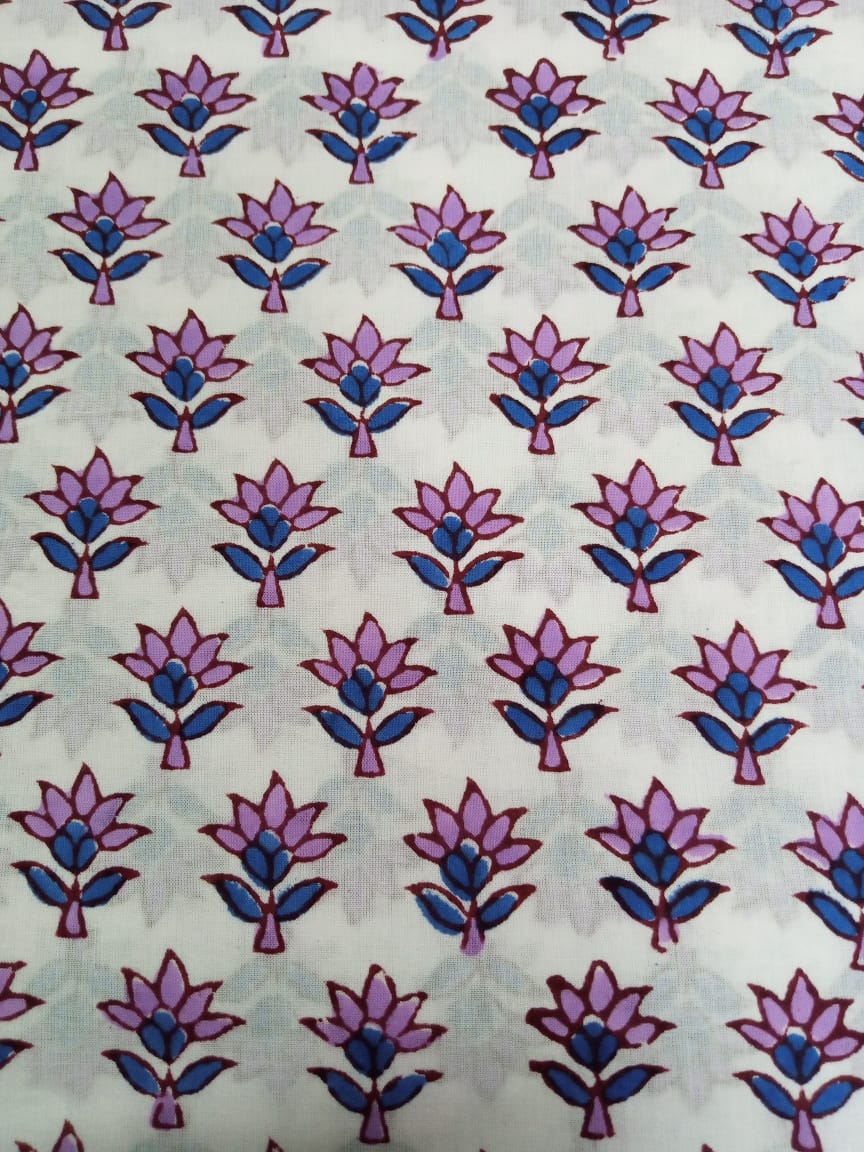White Base Purple & Blue Small Buti Hand Block Printed Pure Cotton Unstitched Salwar Suit with Chiffon Dupatta - JB18