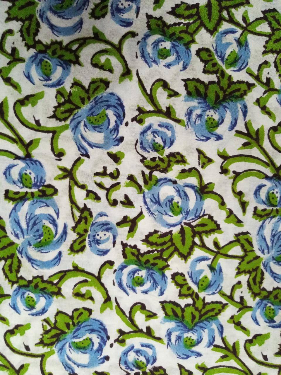 White Base Blue & Green Floral Pattern Hand Block Printed Pure Cotton Unstitched Salwar Suit with Chiffon Dupatta - JB19