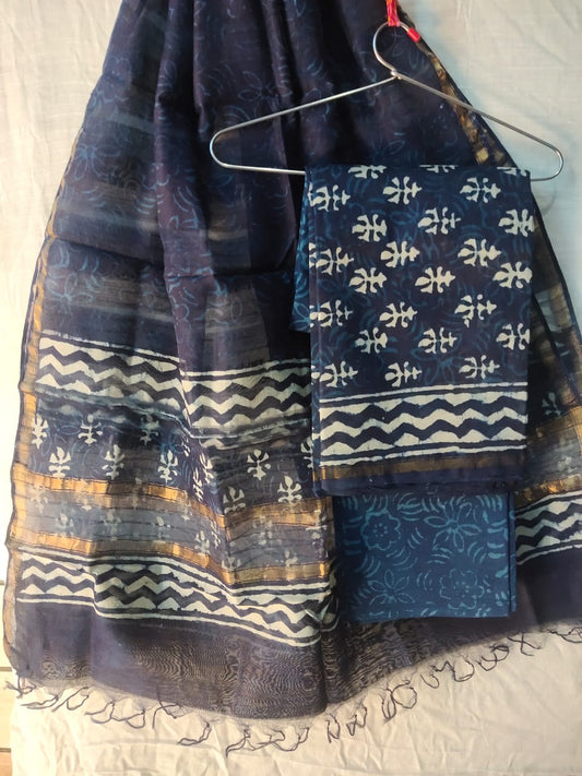 Indigo Chanderi Silk Top & Dupatta With Cotton Bottom - HandBlock Printed Salwar Suit Set - JBXCS21