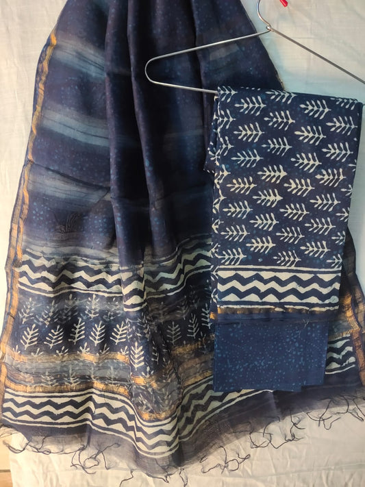 Indigo Chanderi Silk Top & Dupatta With Cotton Bottom - HandBlock Printed Salwar Suit Set - JBXCS22