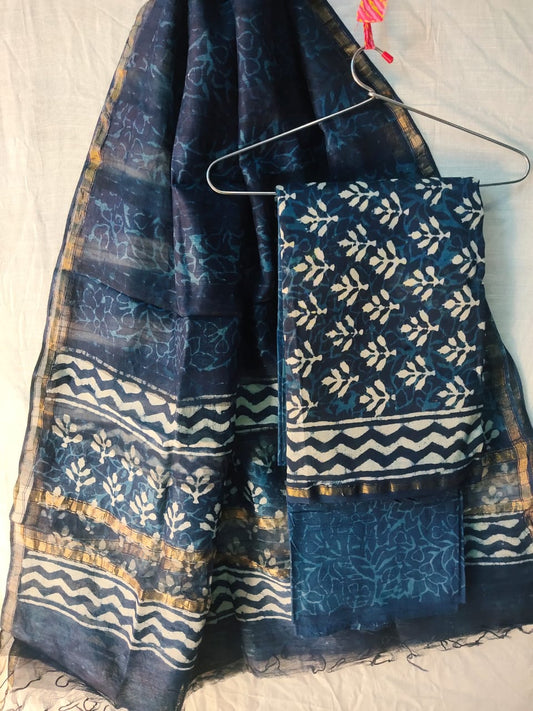 Indigo Chanderi Silk Top & Dupatta With Cotton Bottom - HandBlock Printed Salwar Suit Set - JBXCS23