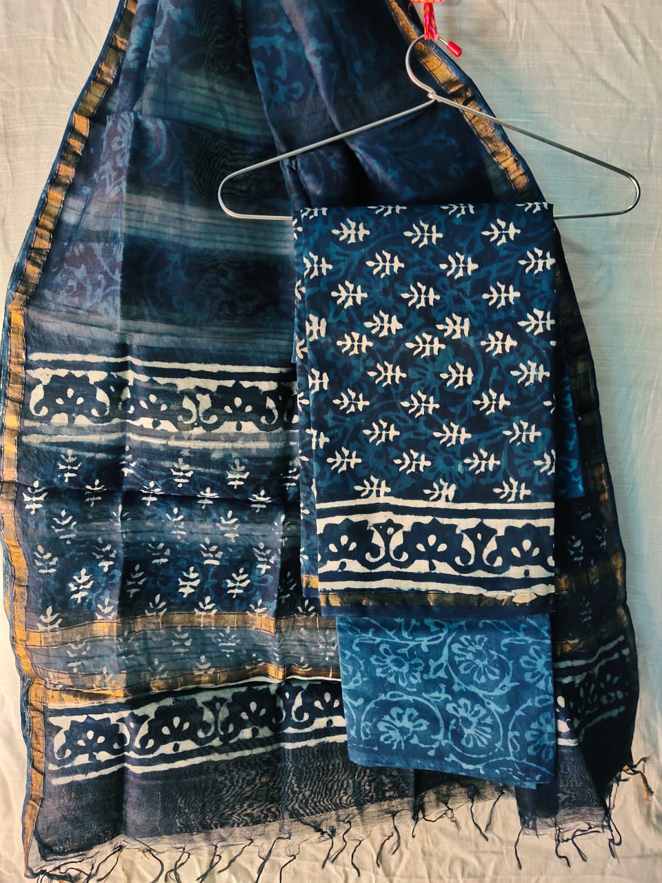 Indigo Chanderi Silk Top & Dupatta With Cotton Bottom - HandBlock Printed Salwar Suit Set - JBXCS24