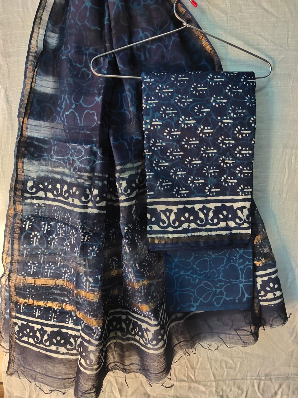 Indigo Chanderi Silk Top & Dupatta With Cotton Bottom - HandBlock Printed Salwar Suit Set - JBXCS25