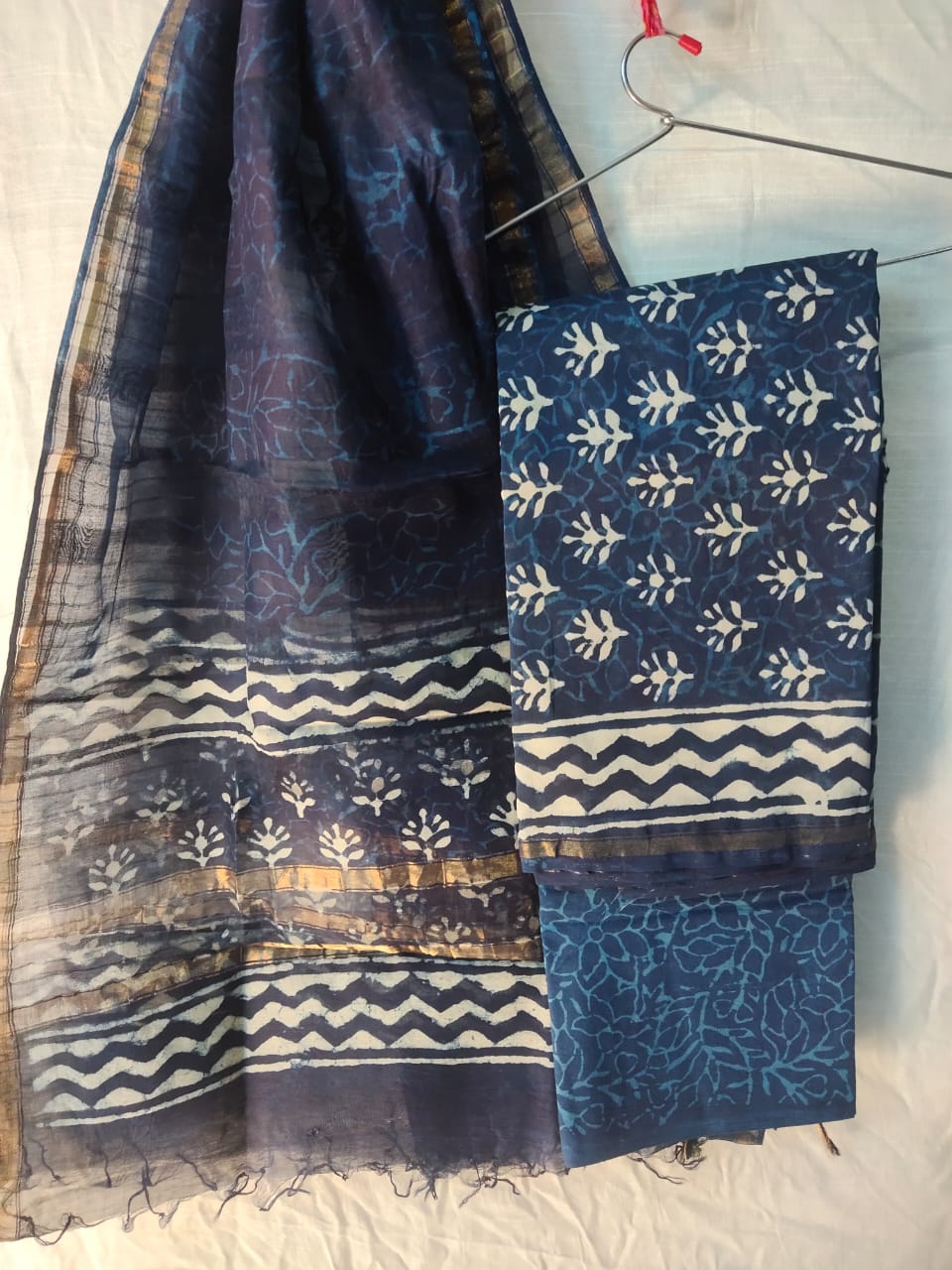 Indigo Chanderi Silk Top & Dupatta With Cotton Bottom - HandBlock Printed Salwar Suit Set - JBXCS26