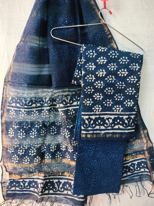 Indigo Chanderi Silk Top & Dupatta With Cotton Bottom - HandBlock Printed Salwar Suit Set - JBXCS27
