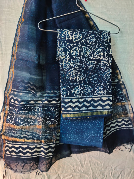Indigo Chanderi Silk Top & Dupatta With Cotton Bottom - HandBlock Printed Salwar Suit Set - JBXCS01 