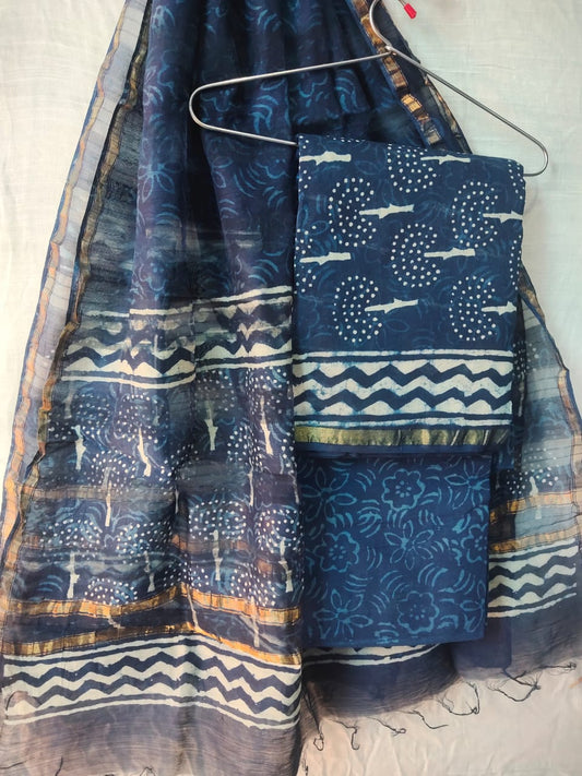 Indigo Chanderi Silk Top & Dupatta With Cotton Bottom - HandBlock Printed Salwar Suit Set - JBXCS02