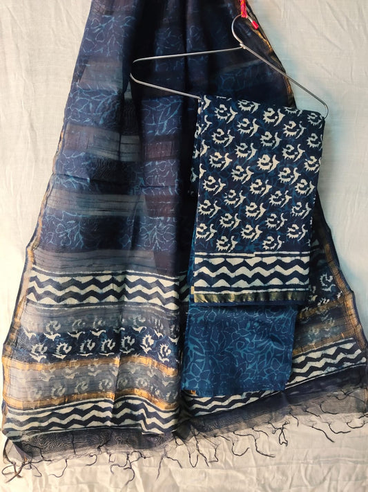 Indigo Chanderi Silk Top & Dupatta With Cotton Bottom - HandBlock Printed Salwar Suit Set - JBXCS03