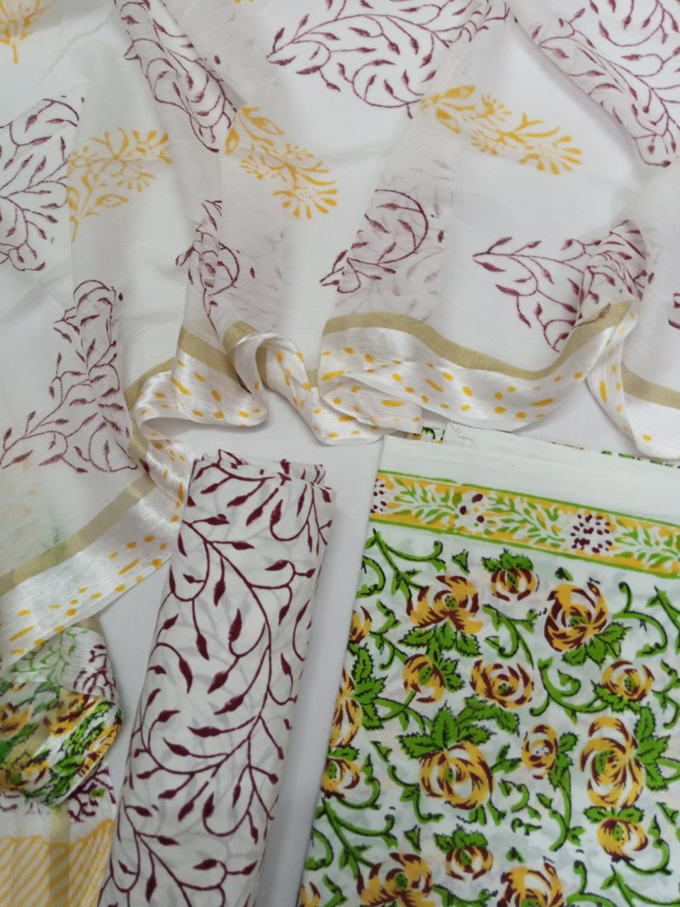 White Base Yellow & Green Floral Pattern Hand Block Printed Pure Cotton Unstitched Salwar Suit with Chiffon Dupatta - JB20
