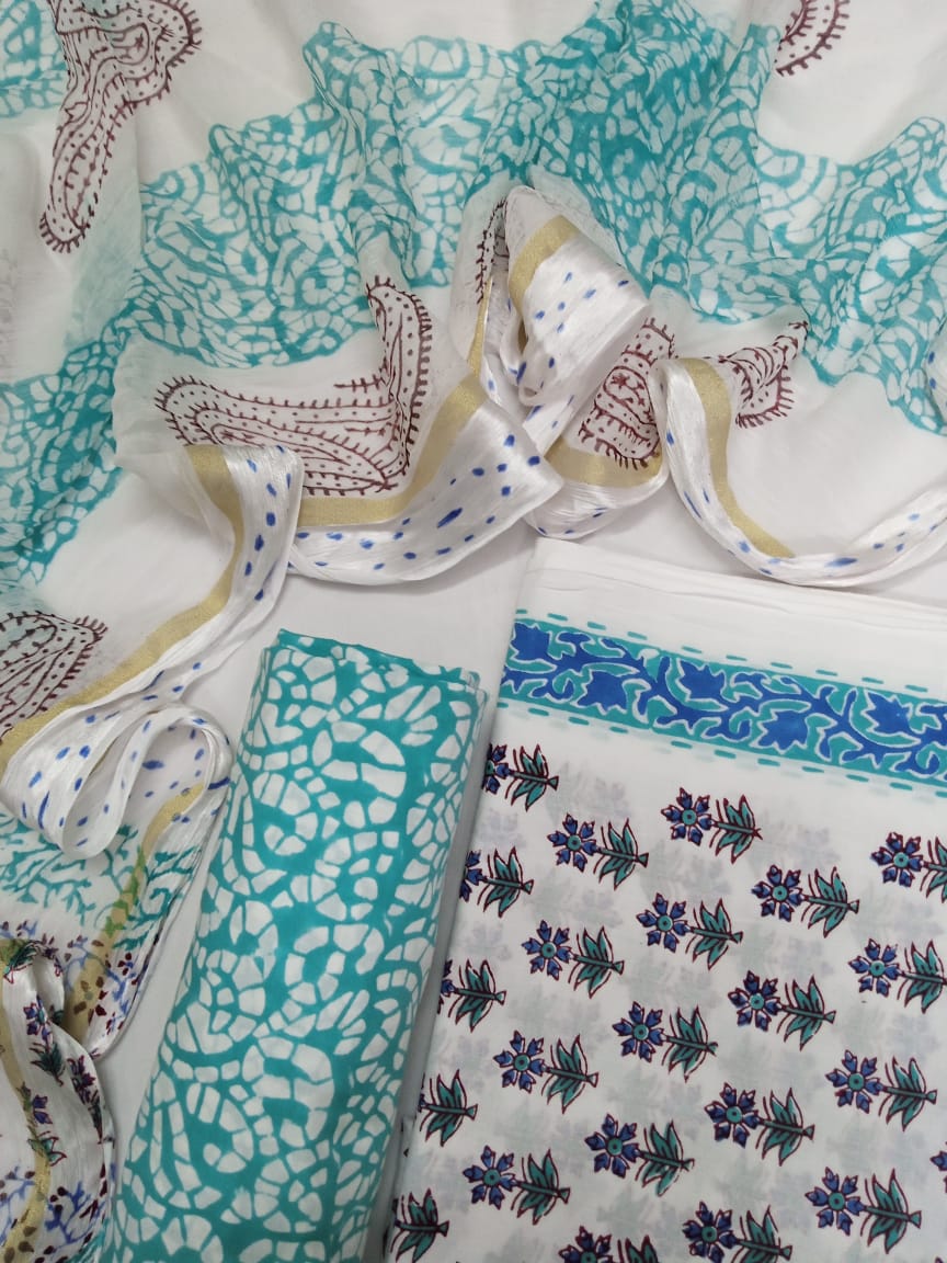 White Base Blue & Sea Green Buti Hand Block Printed Pure Cotton Unstitched Salwar Suit with Chiffon Dupatta - JB29