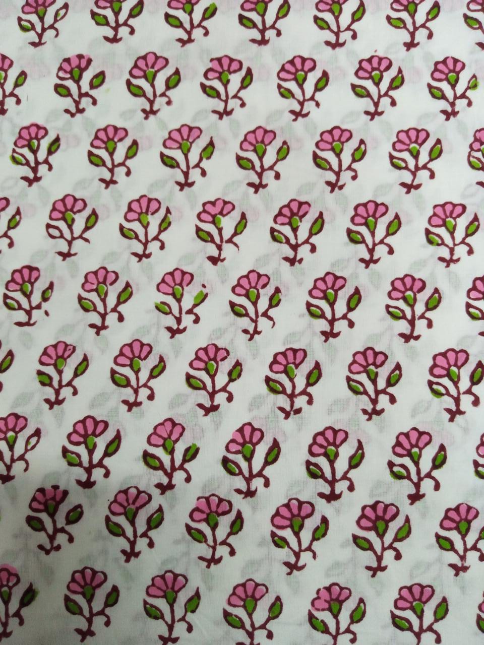 White Base Pink & Green Small Floral Buti Hand Block Printed Pure Cotton Unstitched Salwar Suit with Chiffon Dupatta - JB28