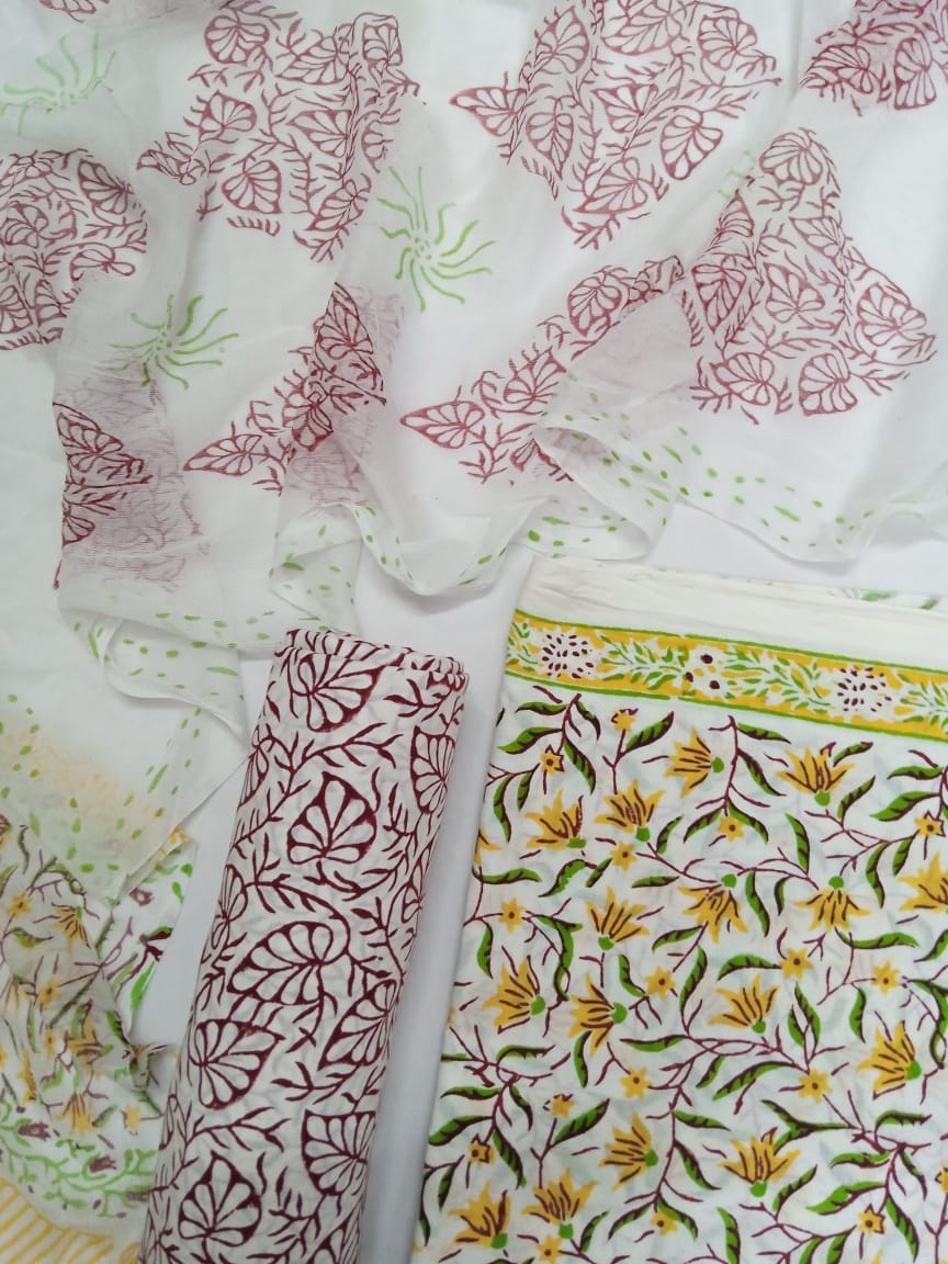 White Base Yellow & Green Floral Hand Block Printed Pure Cotton Unstitched Salwar Suit with Chiffon Dupatta - JB25