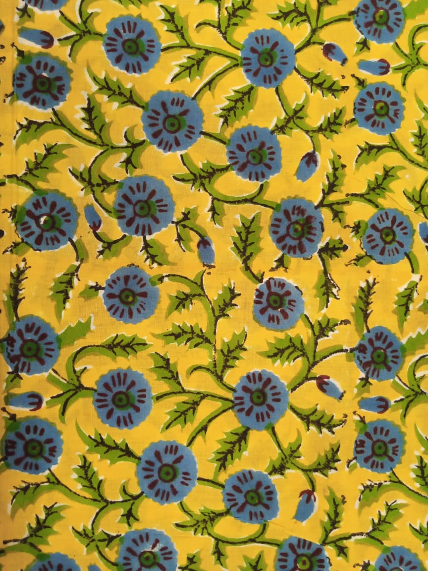 Yellow with Blue Florals Hand Block Printed Pure Cotton Unstitched Salwar Suit with Chiffon Dupatta - JB17