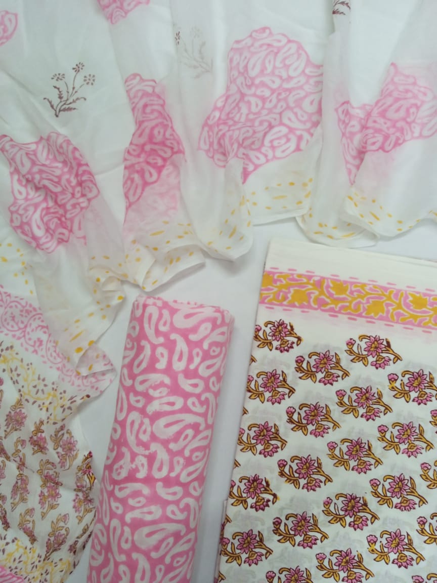 White Base Pink & Yellow Buti Hand Block Printed Pure Cotton Unstitched Salwar Suit with Chiffon Dupatta - JB42