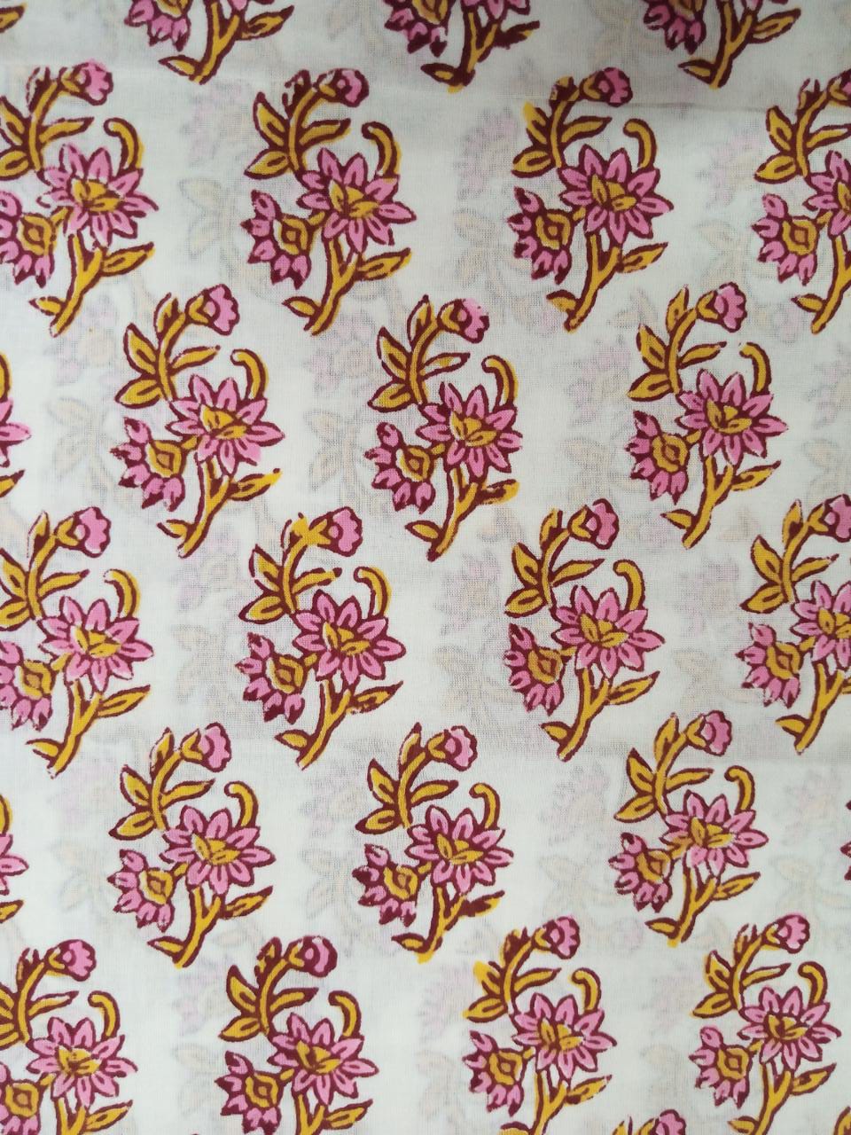 White Base Pink & Yellow Buti Hand Block Printed Pure Cotton Unstitched Salwar Suit with Chiffon Dupatta - JB42