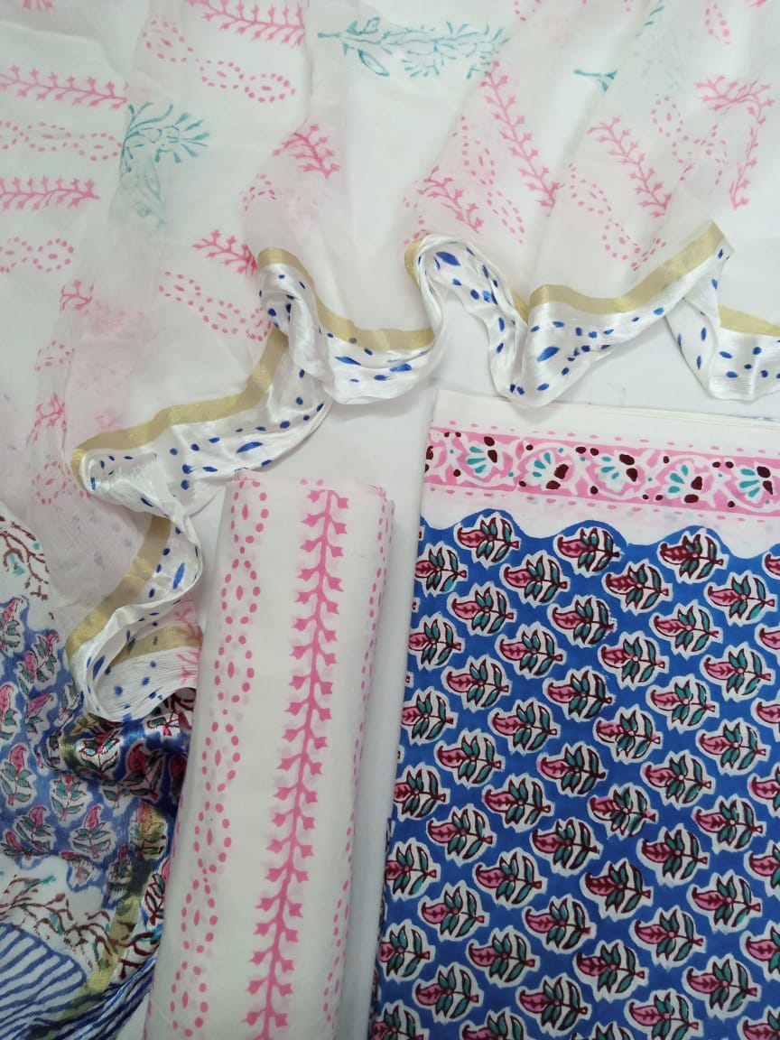 Blue with Pink & Sea Green Small Kalamkari Buti Hand Block Printed Pure Cotton Unstitched Salwar Suit with Chiffon Dupatta - JB38