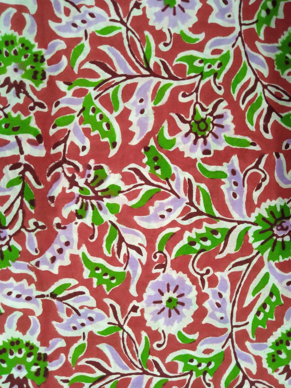 Red with Purple Florals Kalamkari Hand Block Printed Unstitched Cotton Suit with Chiffon Dupatta - JB94