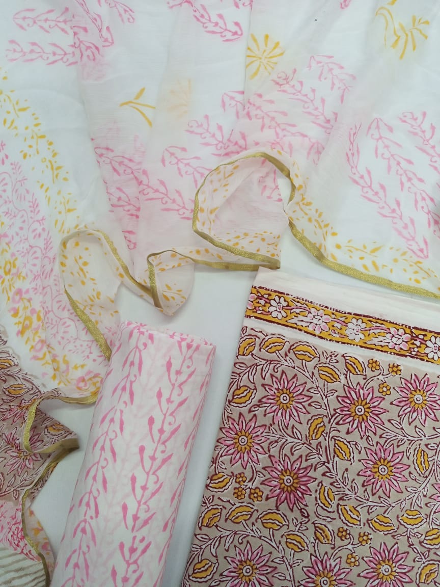 Beige with Pink Florals Kalamkari Hand Block Printed Unstitched Cotton Suit with Chiffon Dupatta - JB86