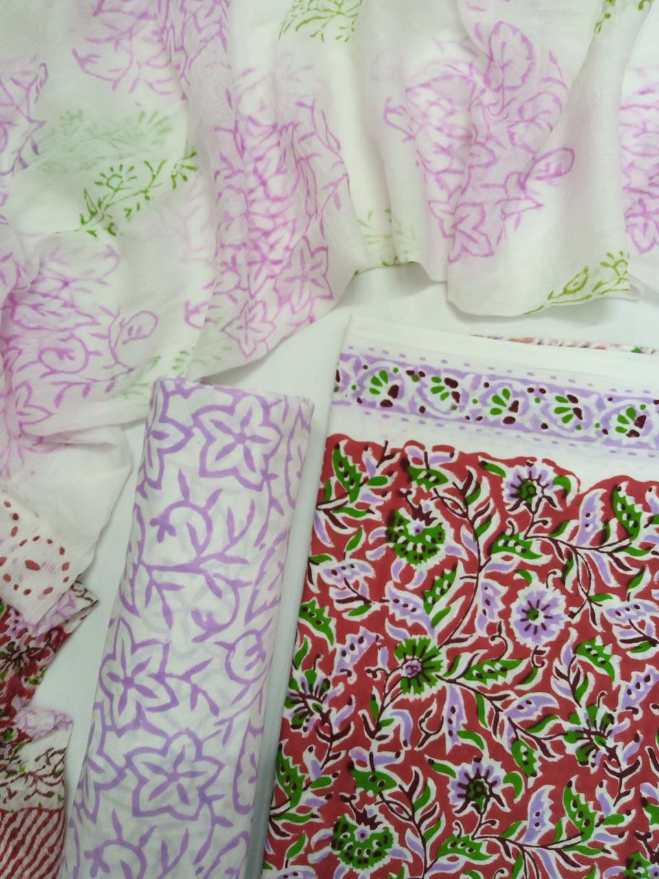 Red with Purple Florals Kalamkari Hand Block Printed Unstitched Cotton Suit with Chiffon Dupatta - JB94