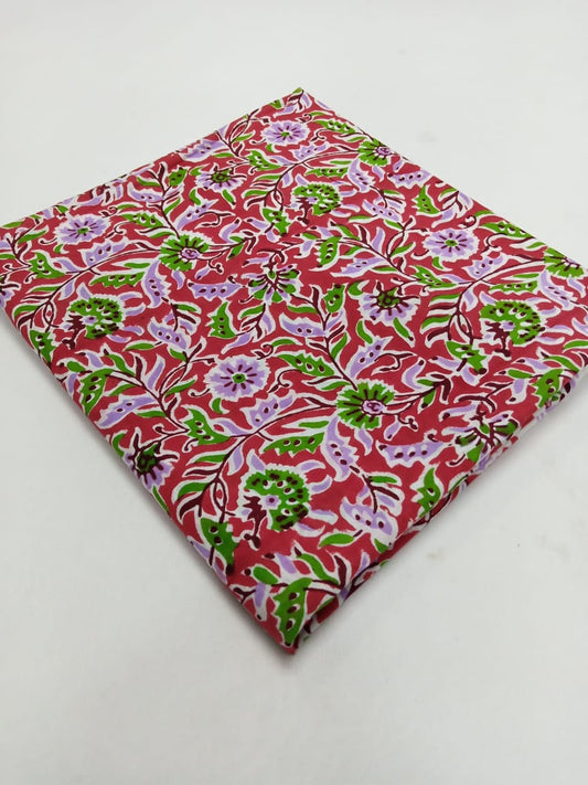 Red Kalamkari Print with Purple Florals Hand Block Printed Pure Cotton Fabric - JBR28
