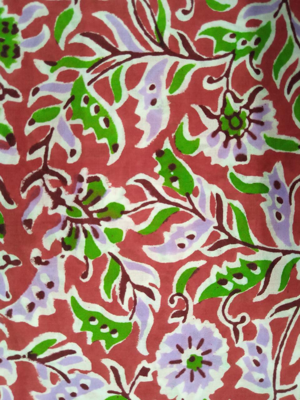 Red Kalamkari Print with Purple Florals Hand Block Printed Pure Cotton Fabric - JBR28
